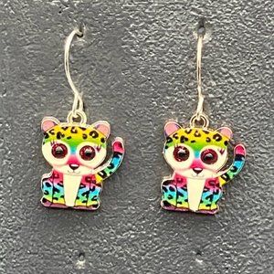 Baby Leopard Earrings Multicolor Rainbow Pride Silver Hook 80s Retro Vintage